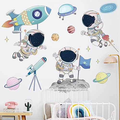 Астронавт Стикери За стена,Подвижни, PVC Вселена Космос Стикери за Стена за Спални, Всекидневна, Детска