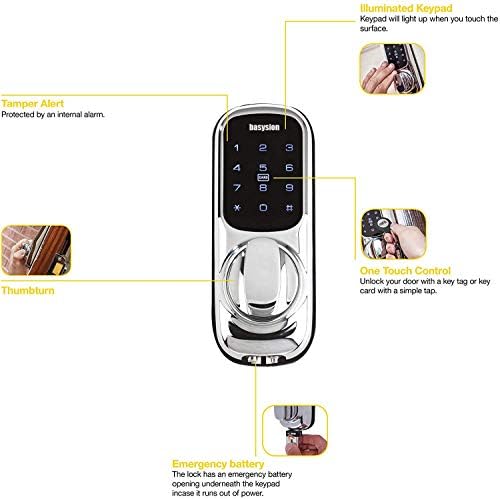 basysion Smart Living YD-01-CON-NOMOD-CH Keyless Connected Ready Smart Door Lock, Сензорна клавиатура, съвместима с Алекса, Хром [Клас консумация на енергия A+]