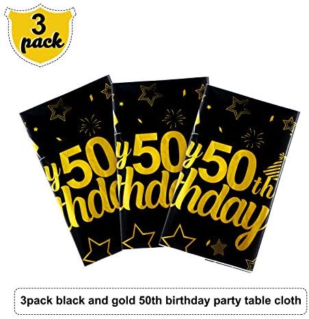 3 Бр. Честит 50th Birthday Table Cloth Cover Party Decorations, Extra Large Black and Gold Правоъгълен Пластмасов Капак на Масата, за да 50th Birthday Anniversary Theme Party Доставки, 54 x 108 Инча