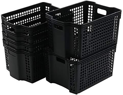 Bringer 6-Pack Штабелируя Пластмасови Кошници за Съхранение, Черни Пластмасови Кутии Организатор на съхранение
