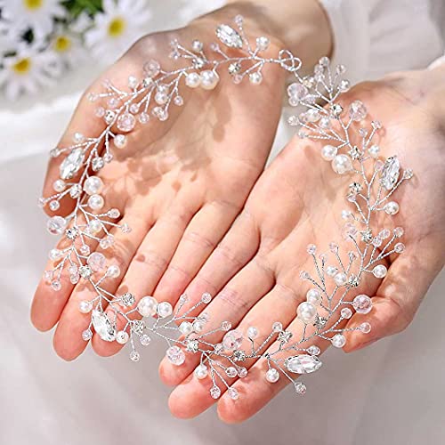 GENBREE Bride Hair Vine Crystal Wedding Headpiece Pearl Long Wedding Headband Silver Сватбени Аксесоари
