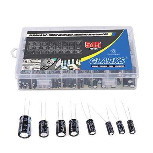 Glarks 545Pcs 24 Value 10V 16V 25V 50V Metal Electrolytic Capacitors Assorted Assortment Kit Set, Lable Capacitor Range 0.1 UF - 1000UF