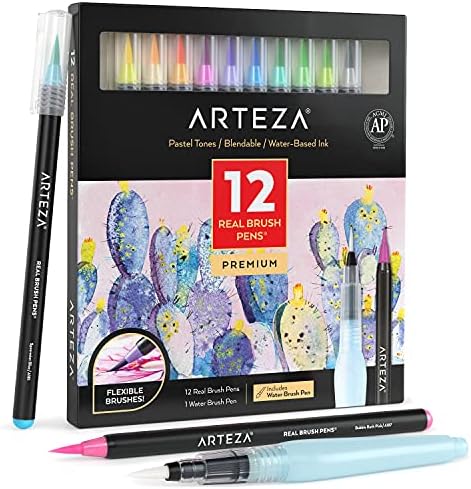 Arteza Real Brush Pens, Набор от 12 Пастелни Тонове, Блендируемые Акварелни Маркери и 1 Водна Четка, Художествени