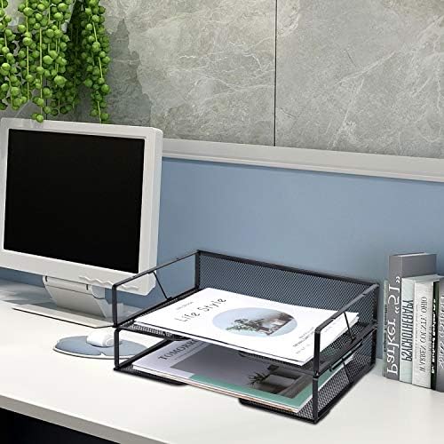Meshist Stackable Letter Tray Desk Organizer, 2 Tier Mesh Desktop File Organizer, Document Paper Tray Organizer, идеален за Дома и офиса, Черен